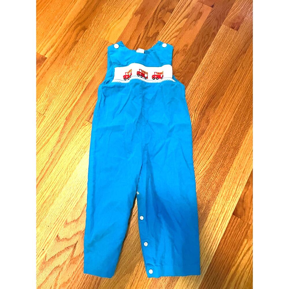 Beth Terrell bright blue corduroy john john with smocked bodice fire trucks 2